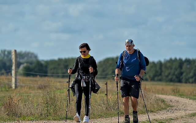 Eine Frau und ein Mann wandern mit Wanderstöcken über einen Feldweg.