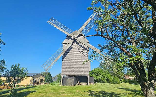 <p>Fotoaufnahme der hölzernen Bockwindmühle Vehlefanz</p>