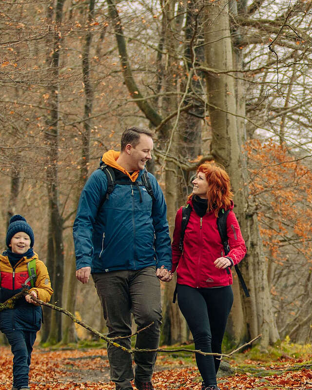Eine Familie aus Vater, Mutter und Kind wandert durch einen herbstlichen Wald am Seeufer