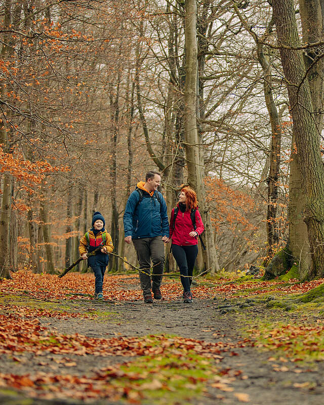 Eine Familie aus Vater, Mutter und Kind wandert durch einen herbstlichen Wald am Seeufer