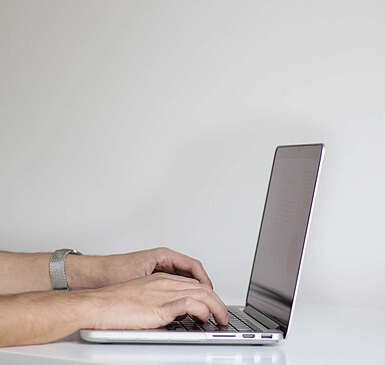 Nahaufnahme von Händen, die auf der Tastatur eines Laptops schreiben. Rechts auf dem Tisch steht eine Pflanze.
